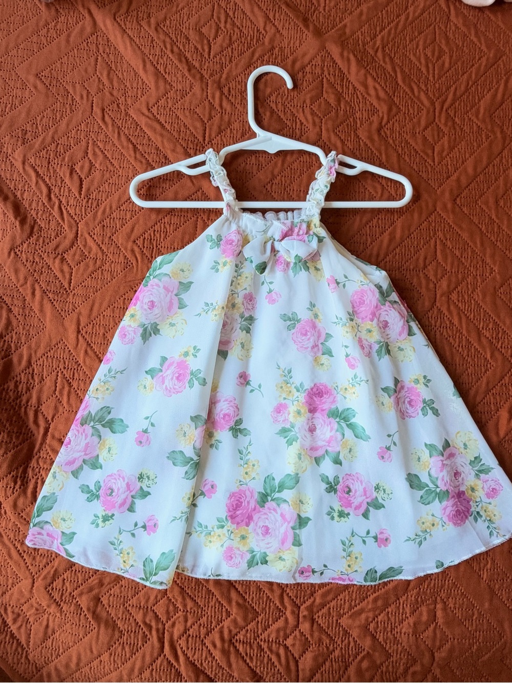 White Floral Ruffle-Strap Kids Dress with Pink Roses
